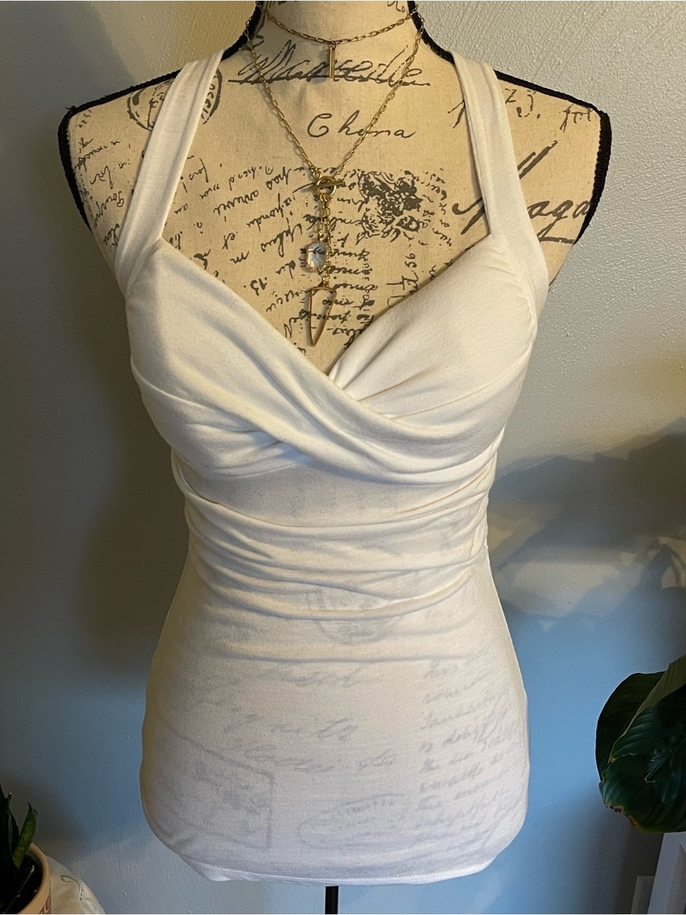Derek Heart White Ring Back Halter Tank Top Ruched Sleeveless Medium Y2K